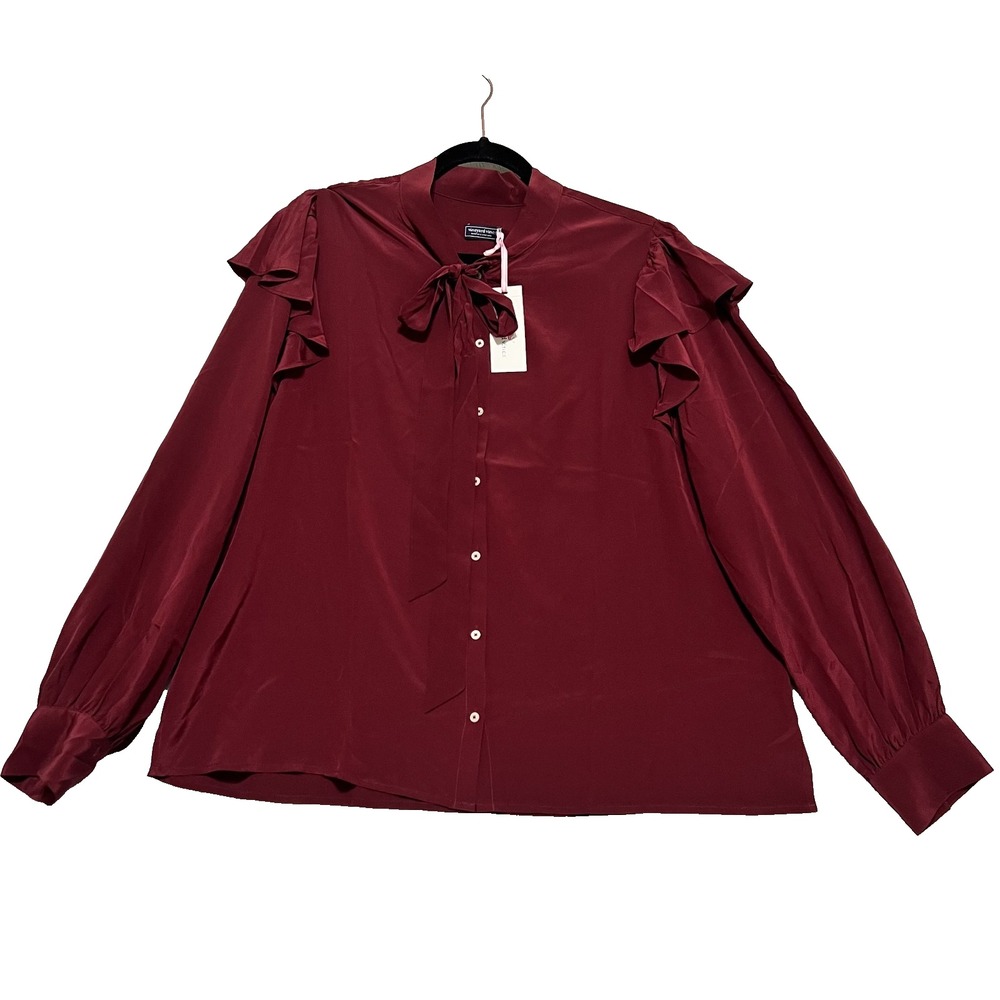 Vineyard Vines Silk Tie Neck Blouse Women's XL Crimson Ruffle Long Sleeve Top